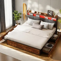 ProximaX Lit double 140x200 cm avec cadre en métal, tête de lit en PU noir mat motif tigre et éclairage LED intégré
