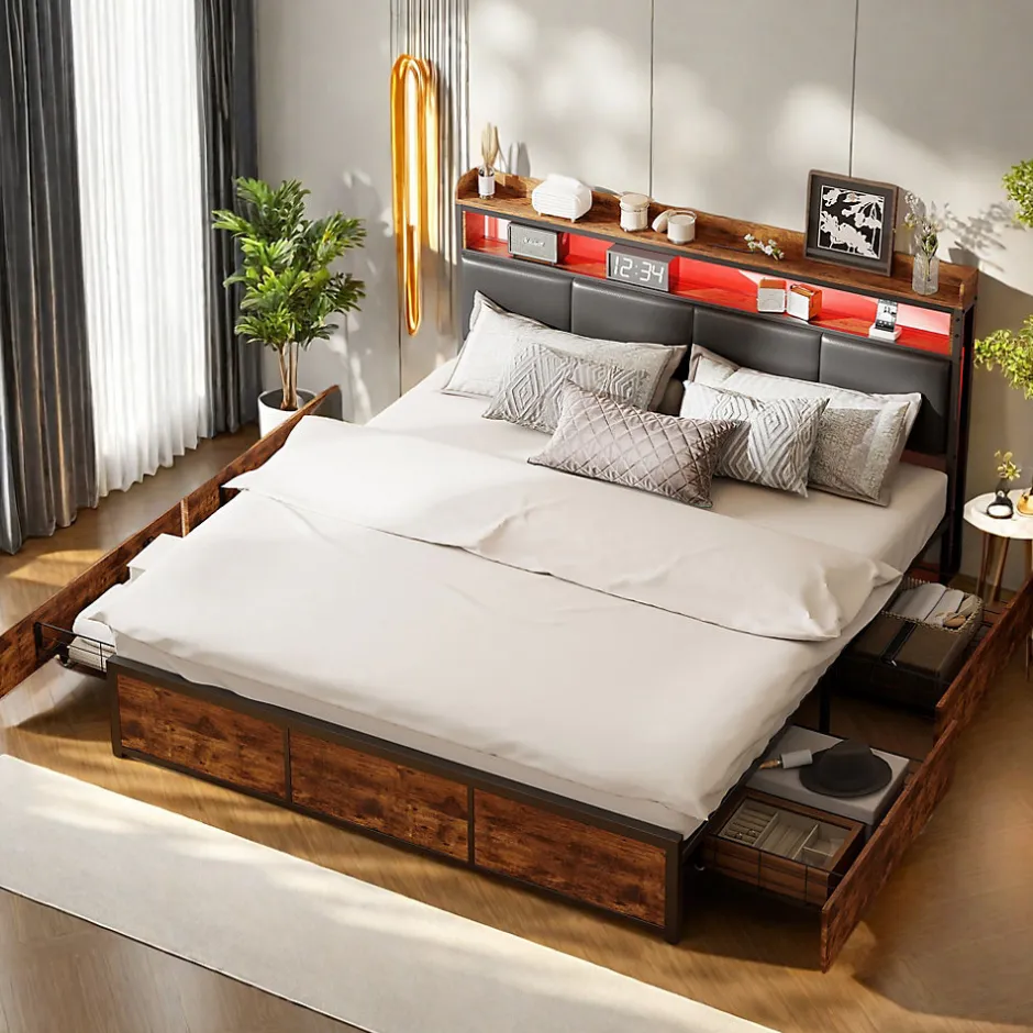 ProximaX Lit double 140x200 cm avec cadre en métal, tête de lit en PU noir mat motif tigre et éclairage LED intégré
