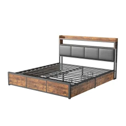 ProximaX Lit double 140x200 cm avec cadre en métal, tête de lit en PU noir mat motif tigre et éclairage LED intégré