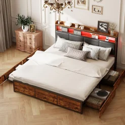 ProximaX Lit double 140x200 cm avec cadre en métal, tête de lit en PU noir mat motif tigre et éclairage LED intégré