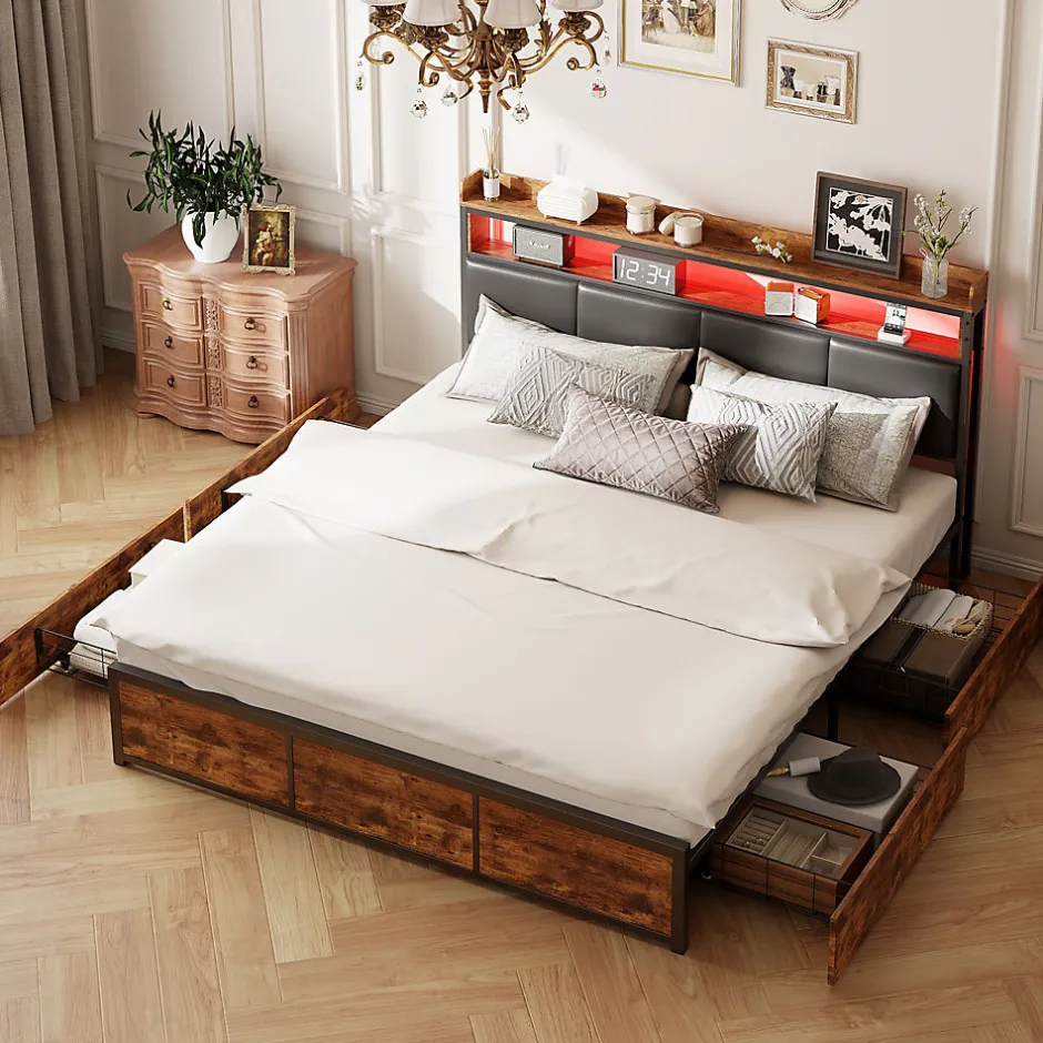 ProximaX Lit double 140x200 cm avec cadre en métal, tête de lit en PU noir mat motif tigre et éclairage LED intégré