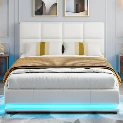 Fortuna lai Lit Double 140x190 Cm, Avec Éclairage LED, Lit Avec Sommier Et Rangement, Pu, Blanc