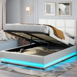 Fortuna lai Lit Double 140x190 Cm, Avec Éclairage LED, Lit Avec Sommier Et Rangement, Pu, Blanc