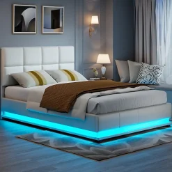Fortuna lai Lit Double 140x190 Cm, Avec Éclairage LED, Lit Avec Sommier Et Rangement, Pu, Blanc