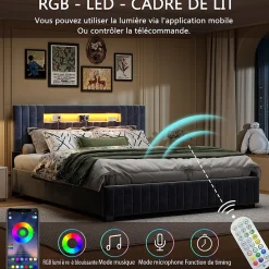 Fortuna lai Lit Double 160x200 cm avec Coffre de Rangement Hydraulique Velours Capitonné Gris, Éclairage LED Intégré et Cadre Robuste Sale