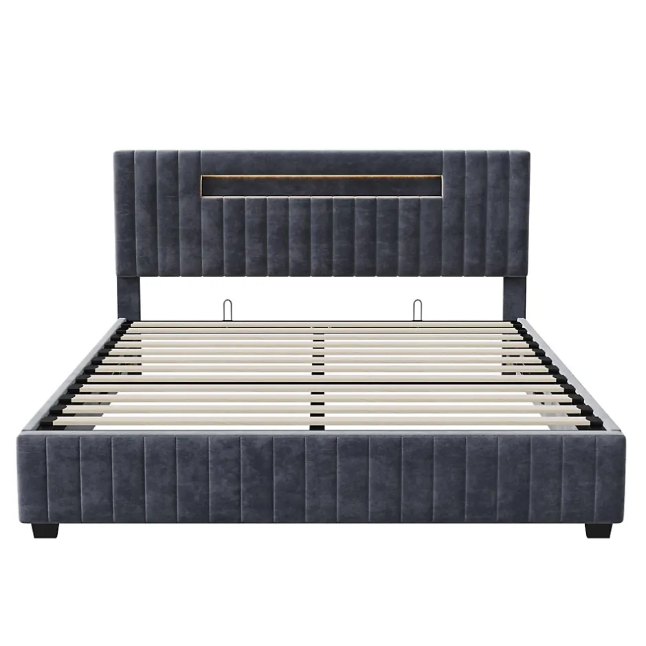 Fortuna lai Lit Double 160x200 cm avec Coffre de Rangement Hydraulique Velours Capitonné Gris, Éclairage LED Intégré et Cadre Robuste Sale