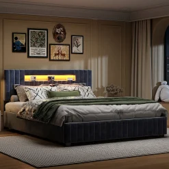 Fortuna lai Lit Double 160x200 cm avec Coffre de Rangement Hydraulique Velours Capitonné Gris, Éclairage LED Intégré et Cadre Robuste Sale