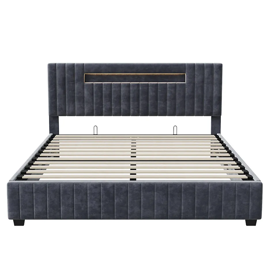 Fortuna lai Lit Double 140x200 cm avec Coffre de Rangement Hydraulique Velours Capitonné Gris, Éclairage LED Intégré et Cadre Robuste