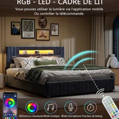 Fortuna lai Lit Double 140x200 cm avec Coffre de Rangement Hydraulique Velours Capitonné Gris, Éclairage LED Intégré et Cadre Robuste