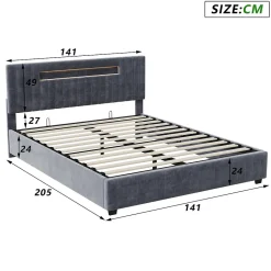 Fortuna lai Lit Double 140x200 cm avec Coffre de Rangement Hydraulique Velours Capitonné Gris, Éclairage LED Intégré et Cadre Robuste