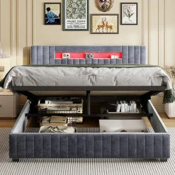 Fortuna lai Lit Double 140x200 cm avec Coffre de Rangement Hydraulique Velours Capitonné Gris, Éclairage LED Intégré et Cadre Robuste