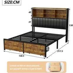 Simple Life Lit double 140x200 cm avec LED, structure en métal, 2 tiroirs, tête de lit avec rangement, sommier à lattes Online