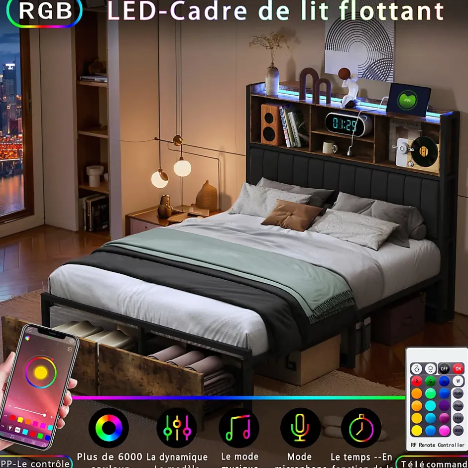 Simple Life Lit double 140x200 cm avec LED, structure en métal, 2 tiroirs, tête de lit avec rangement, sommier à lattes Online