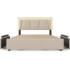 Generique Lit Double 140x200 cm avec LED et Tiroirs - Lit Capitonné avec Tête Réglable et Rangement - en Lin Beige, Sans Matelas