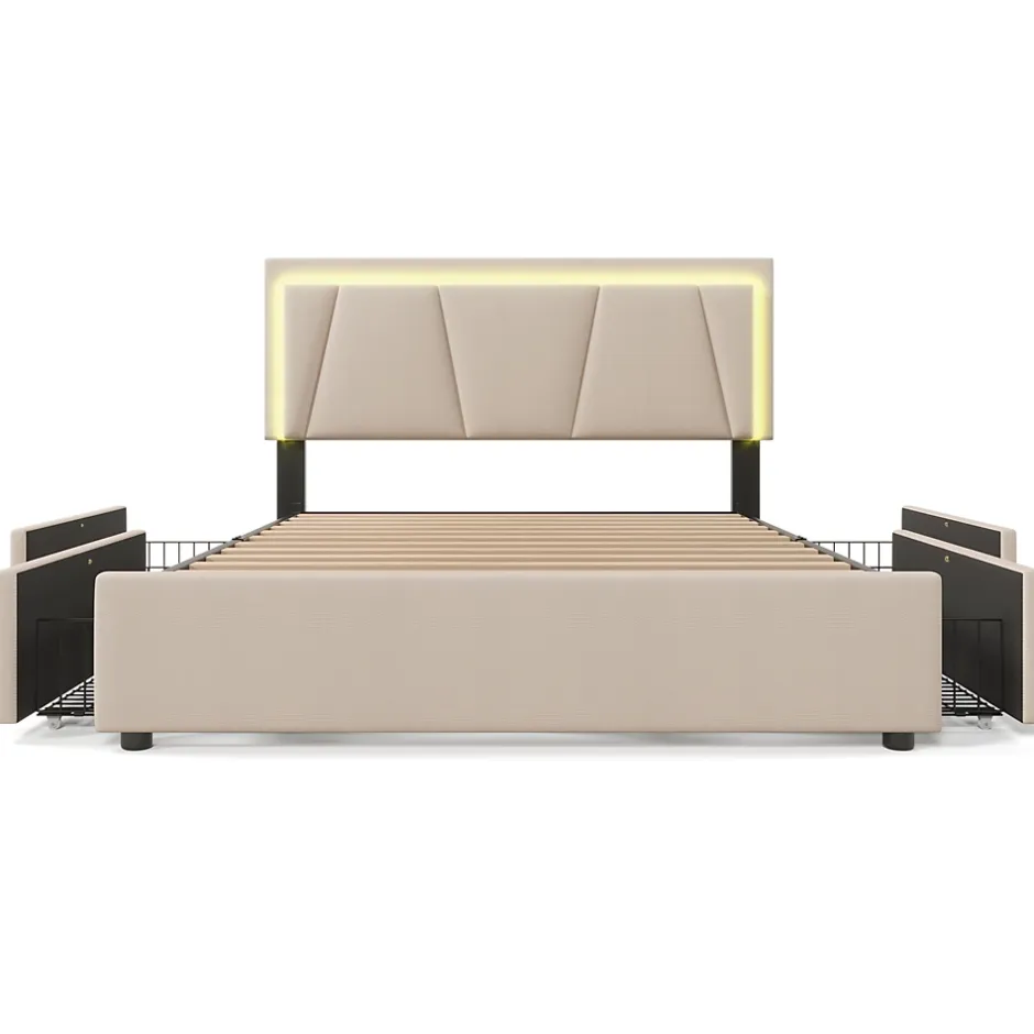 Generique Lit Double 140x200 cm avec LED et Tiroirs - Lit Capitonné avec Tête Réglable et Rangement - en Lin Beige, Sans Matelas