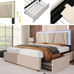Generique Lit Double 140x200 cm avec LED et Tiroirs - Lit Capitonné avec Tête Réglable et Rangement - en Lin Beige, Sans Matelas