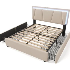 Generique Lit Double 140x200 cm avec LED et Tiroirs - Lit Capitonné avec Tête Réglable et Rangement - en Lin Beige, Sans Matelas