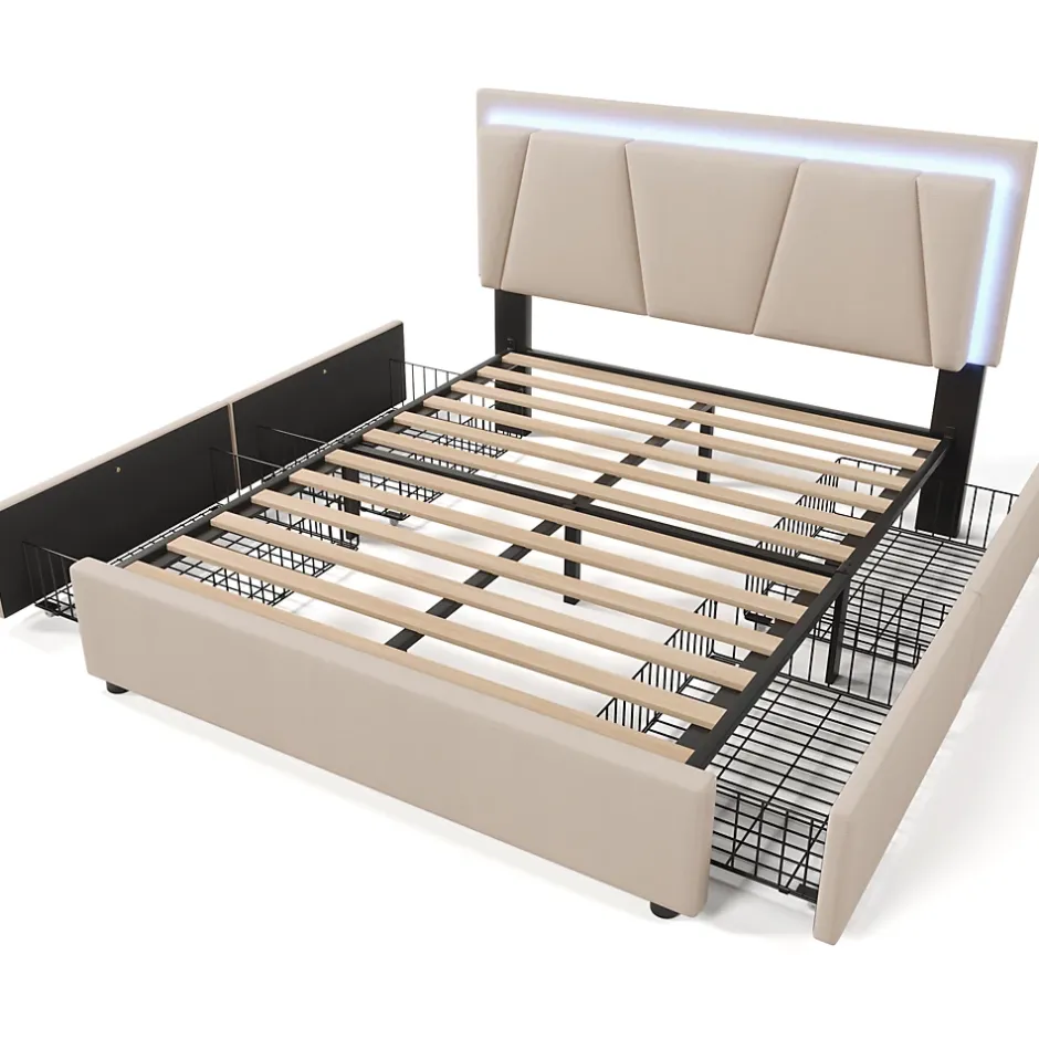 Generique Lit Double 140x200 cm avec LED et Tiroirs - Lit Capitonné avec Tête Réglable et Rangement - en Lin Beige, Sans Matelas