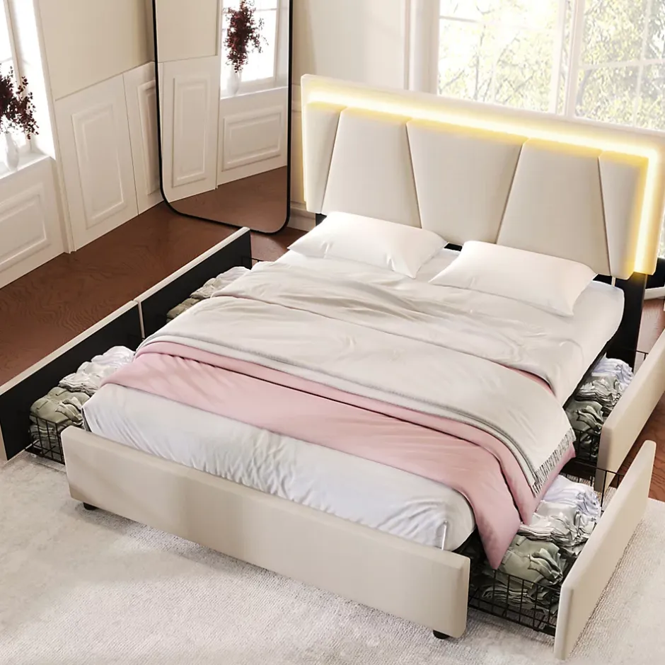 Generique Lit Double 140x200 cm avec LED et Tiroirs - Lit Capitonné avec Tête Réglable et Rangement - en Lin Beige, Sans Matelas