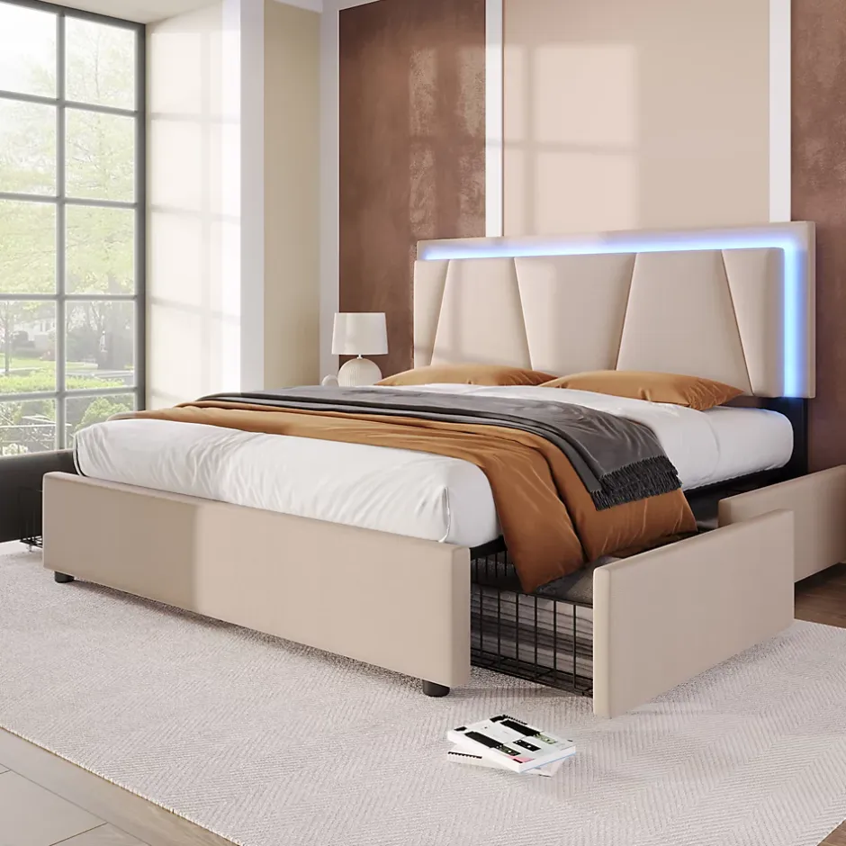 Generique Lit Double 140x200 cm avec LED et Tiroirs - Lit Capitonné avec Tête Réglable et Rangement - en Lin Beige, Sans Matelas
