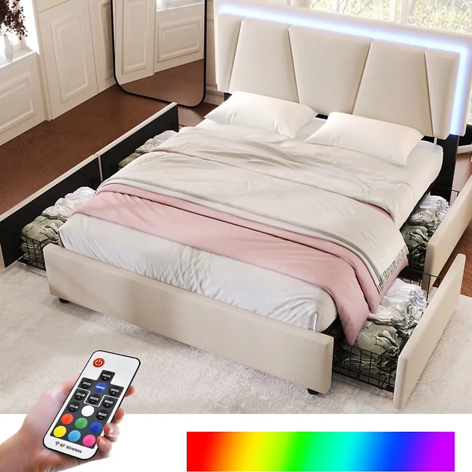 Generique Lit Double 140x200 cm avec LED et Tiroirs - Lit Capitonné avec Tête Réglable et Rangement - en Lin Beige, Sans Matelas