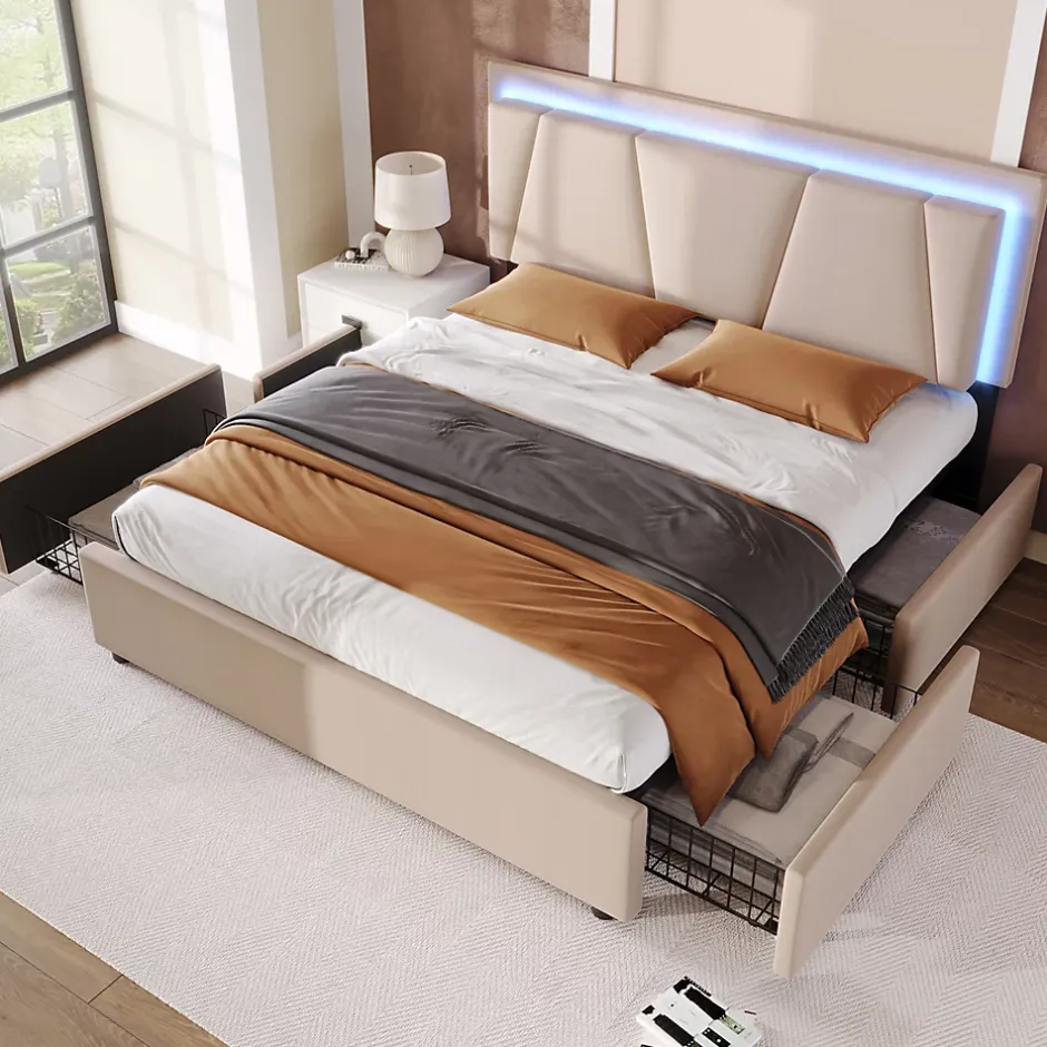 Generique Lit Double 140x200 cm avec LED et Tiroirs - Lit Capitonné avec Tête Réglable et Rangement - en Lin Beige, Sans Matelas