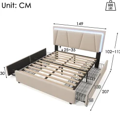 Generique Lit Double 140x200 cm avec LED et Tiroirs - Lit Capitonné avec Tête Réglable et Rangement - en Lin Beige, Sans Matelas