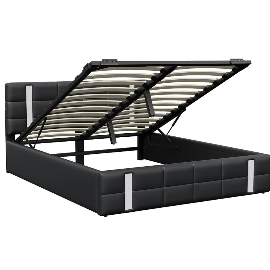 Generique Lit double 140x200 cm avec LED, USB, tête de lit, sommier à lattes, PU noir, fonction de charge