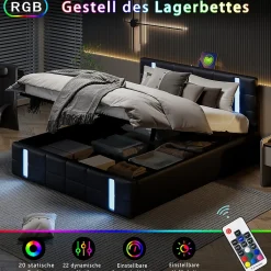 Generique Lit double 140x200 cm avec LED, USB, tête de lit, sommier à lattes, PU noir, fonction de charge