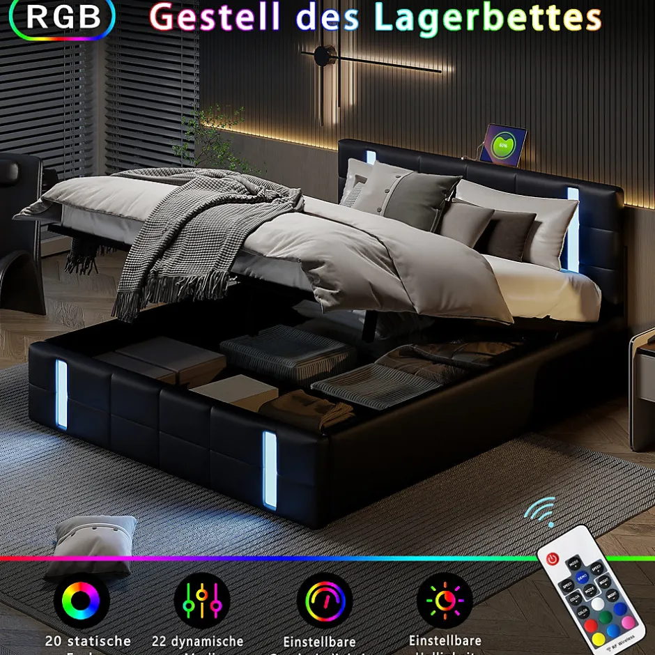 Generique Lit double 140x200 cm avec LED, USB, tête de lit, sommier à lattes, PU noir, fonction de charge