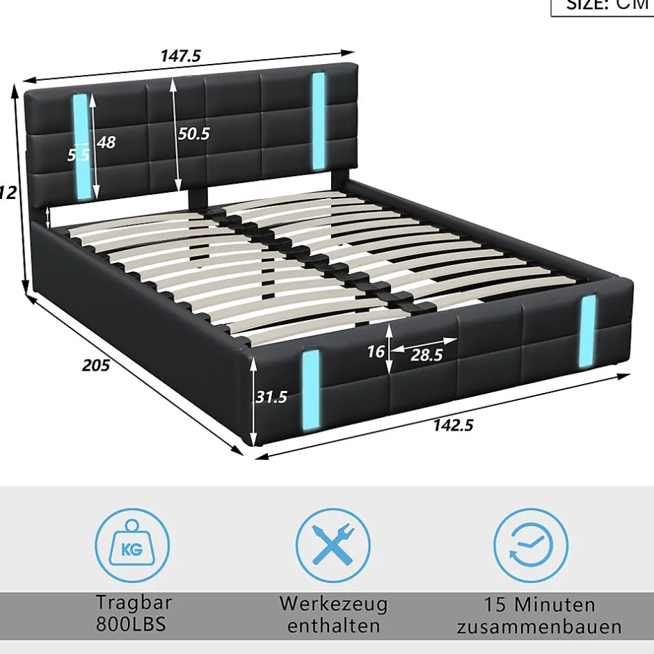 Generique Lit double 140x200 cm avec LED, USB, tête de lit, sommier à lattes, PU noir, fonction de charge