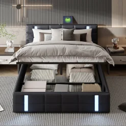 Generique Lit double 140x200 cm avec LED, USB, tête de lit, sommier à lattes, PU noir, fonction de charge