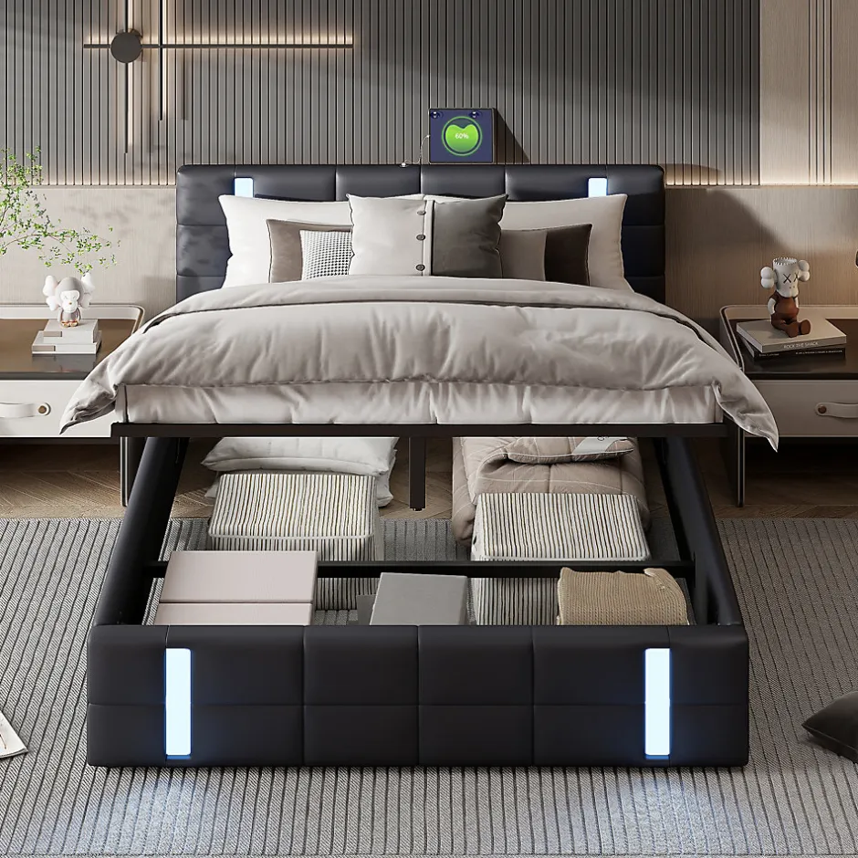 Generique Lit double 140x200 cm avec LED, USB, tête de lit, sommier à lattes, PU noir, fonction de charge
