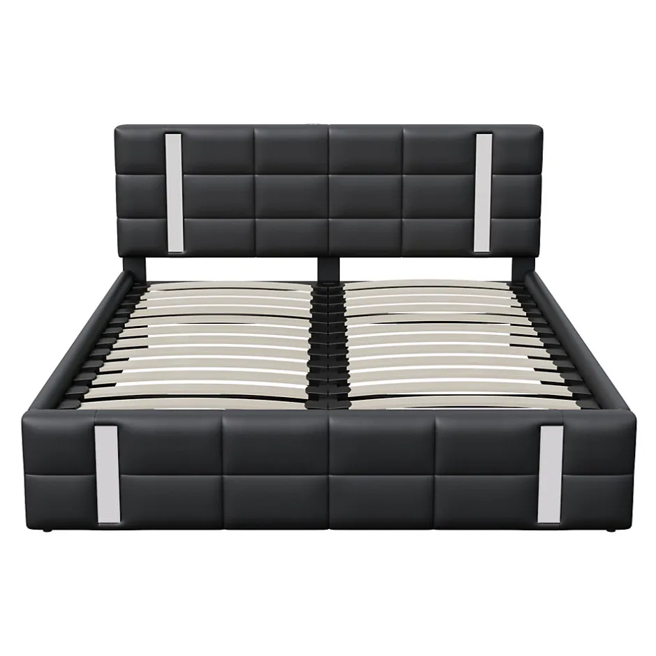 Generique Lit double 140x200 cm avec LED, USB, tête de lit, sommier à lattes, PU noir, fonction de charge