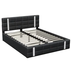 Generique Lit double 140x200 cm avec LED, USB, tête de lit, sommier à lattes, PU noir, fonction de charge