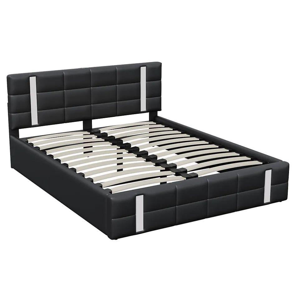 Generique Lit double 140x200 cm avec LED, USB, tête de lit, sommier à lattes, PU noir, fonction de charge
