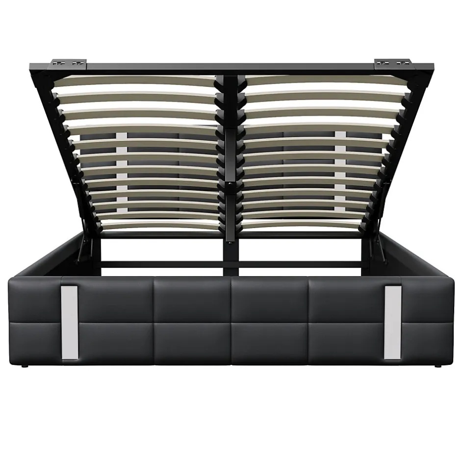Generique Lit double 140x200 cm avec LED, USB, tête de lit, sommier à lattes, PU noir, fonction de charge