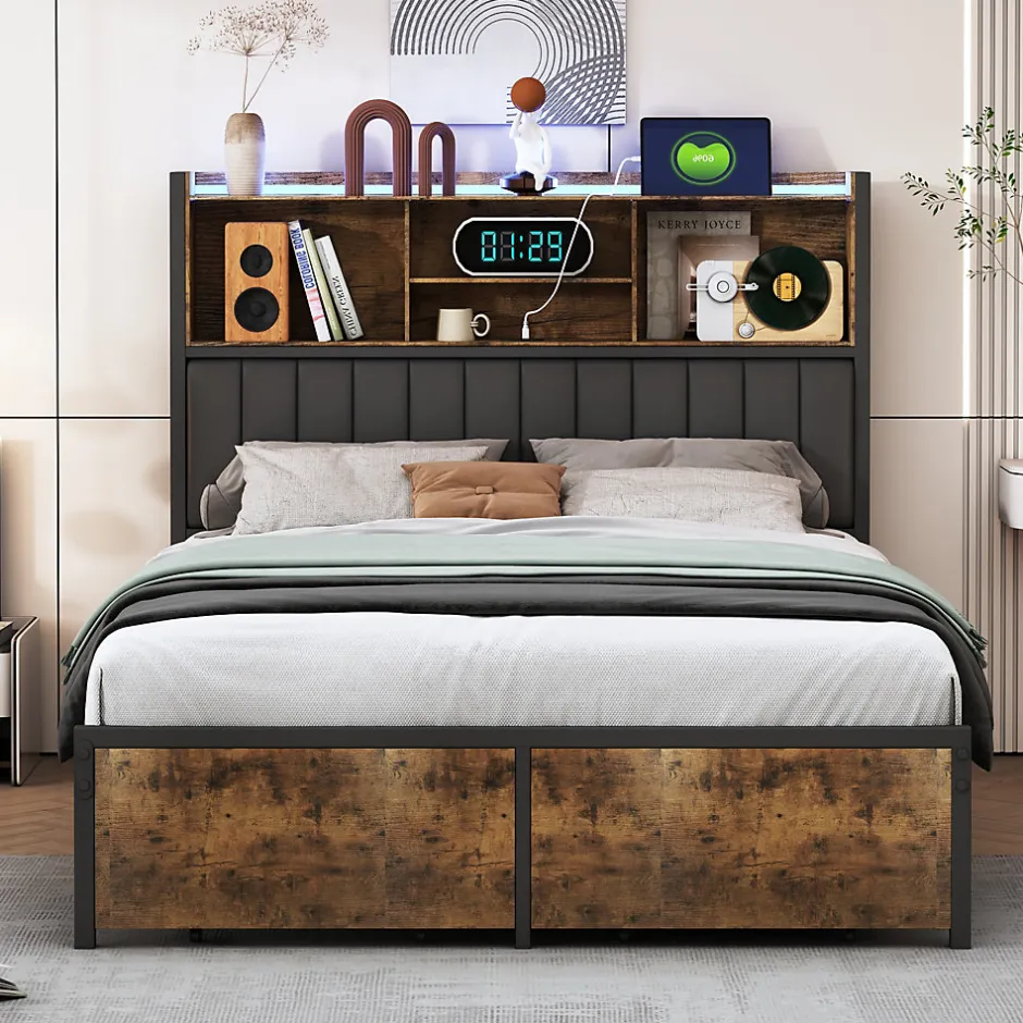 Simple Life Lit double 140x200 cm avec LED, cadre métal, 2 tiroirs, tête avec rangement, sommier lattes