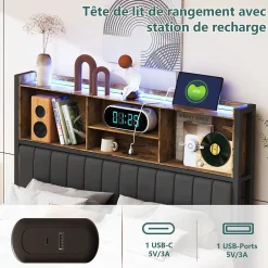 Simple Life Lit double 140x200 cm avec LED, cadre métal, 2 tiroirs, tête avec rangement, sommier lattes