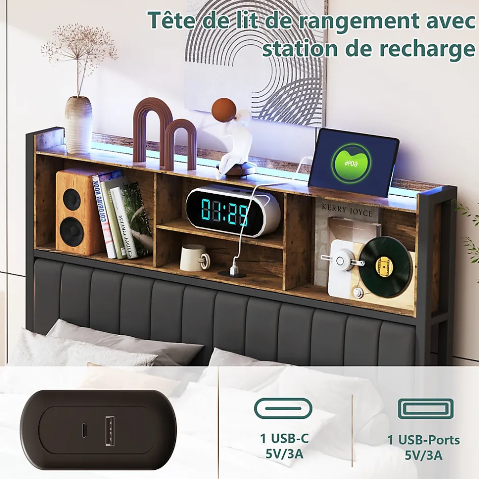 Simple Life Lit double 140x200 cm avec LED, cadre métal, 2 tiroirs, tête avec rangement, sommier lattes