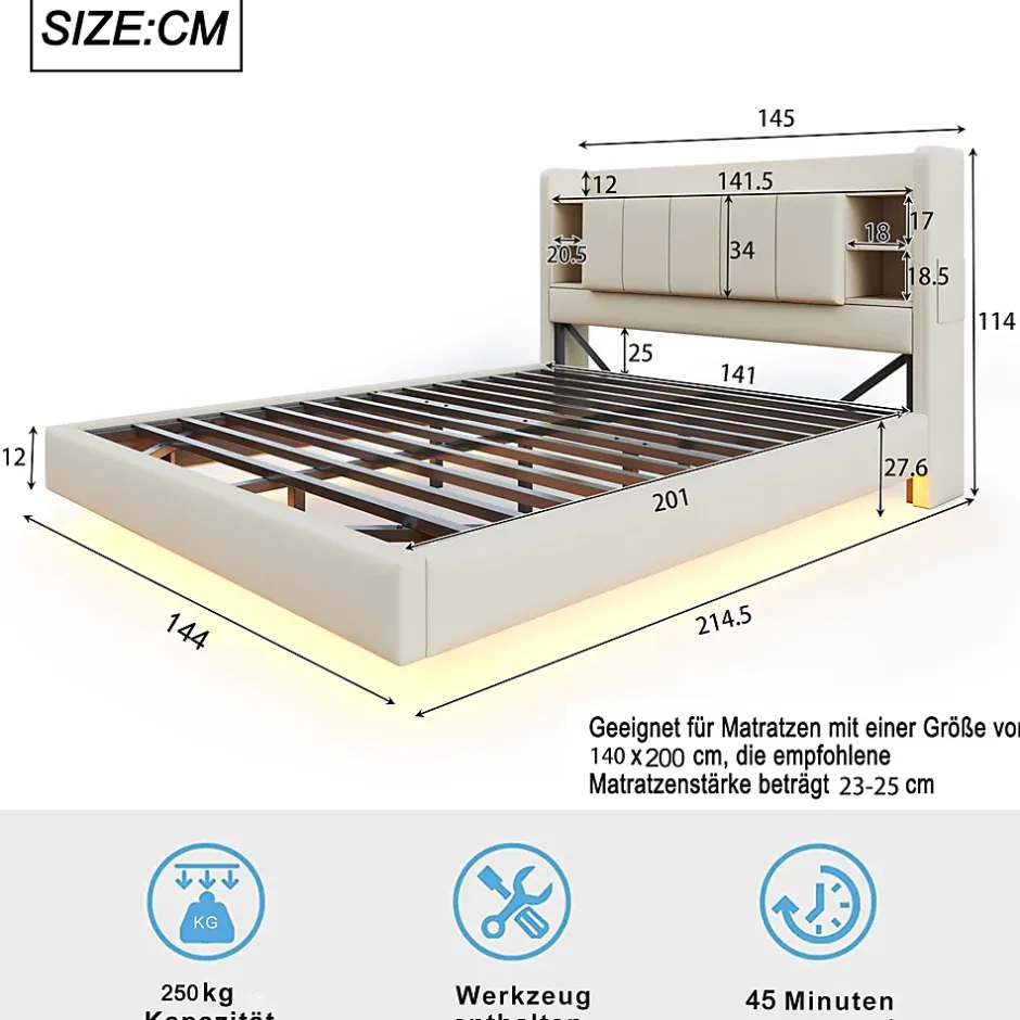 Okwish Lit Double 140x200 cm avec Ports USB, Éclairage LED et Rangement Intégré - Tête de Lit Réversible - Lin Beige Hot