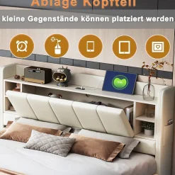 Okwish Lit Double 140x200 cm avec Ports USB, Éclairage LED et Rangement Intégré - Tête de Lit Réversible - Lin Beige Hot