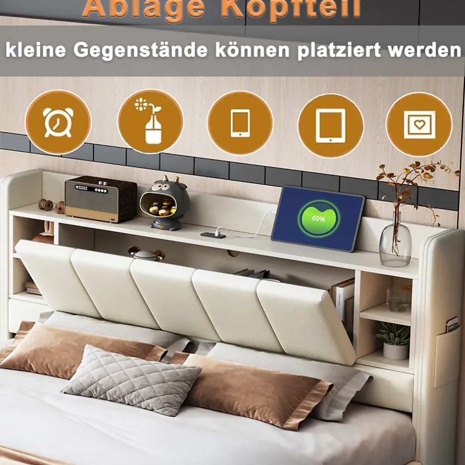 Okwish Lit Double 140x200 cm avec Ports USB, Éclairage LED et Rangement Intégré - Tête de Lit Réversible - Lin Beige Hot
