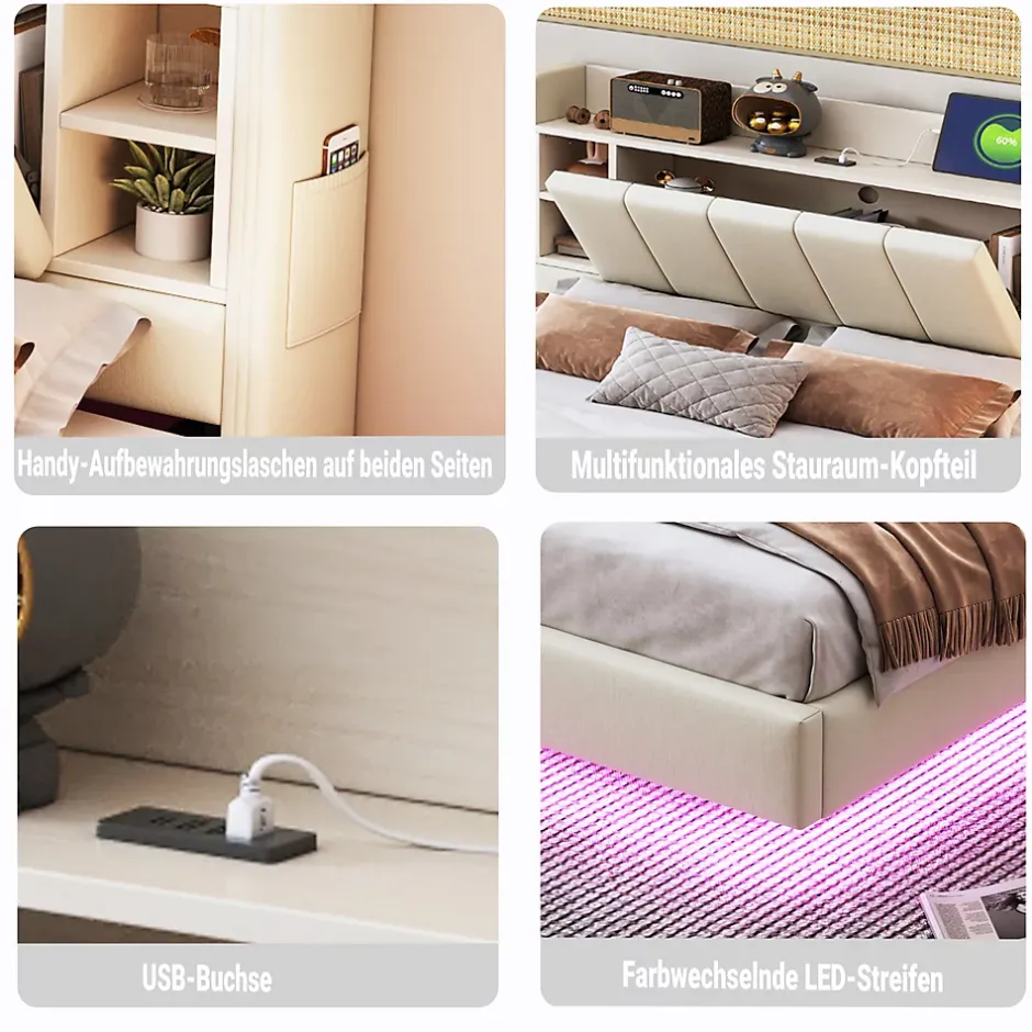 Okwish Lit Double 140x200 cm avec Ports USB, Éclairage LED et Rangement Intégré - Tête de Lit Réversible - Lin Beige Hot