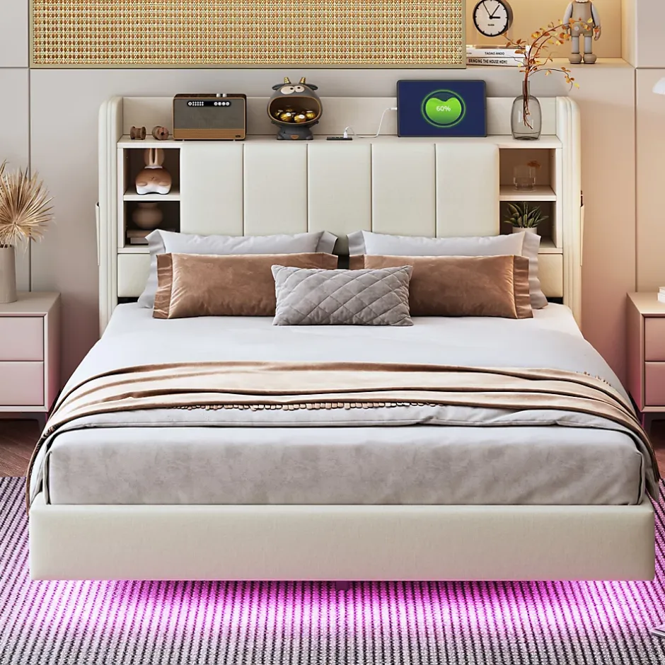 Okwish Lit Double 140x200 cm avec Ports USB, Éclairage LED et Rangement Intégré - Tête de Lit Réversible - Lin Beige Hot