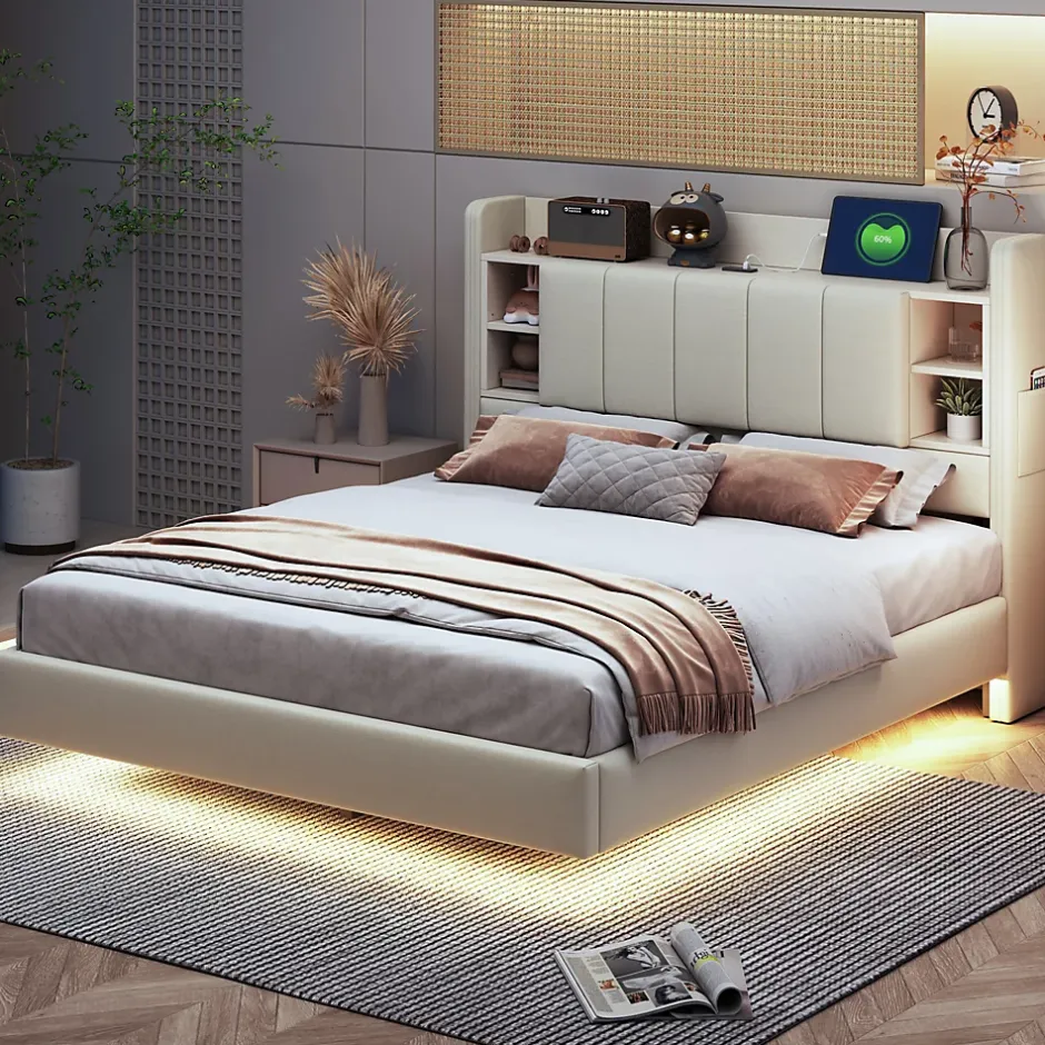 Okwish Lit Double 140x200 cm avec Ports USB, Éclairage LED et Rangement Intégré - Tête de Lit Réversible - Lin Beige Hot