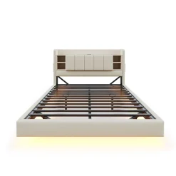 Okwish Lit Double 140x200 cm avec Ports USB, Éclairage LED et Rangement Intégré - Tête de Lit Réversible - Lin Beige Hot