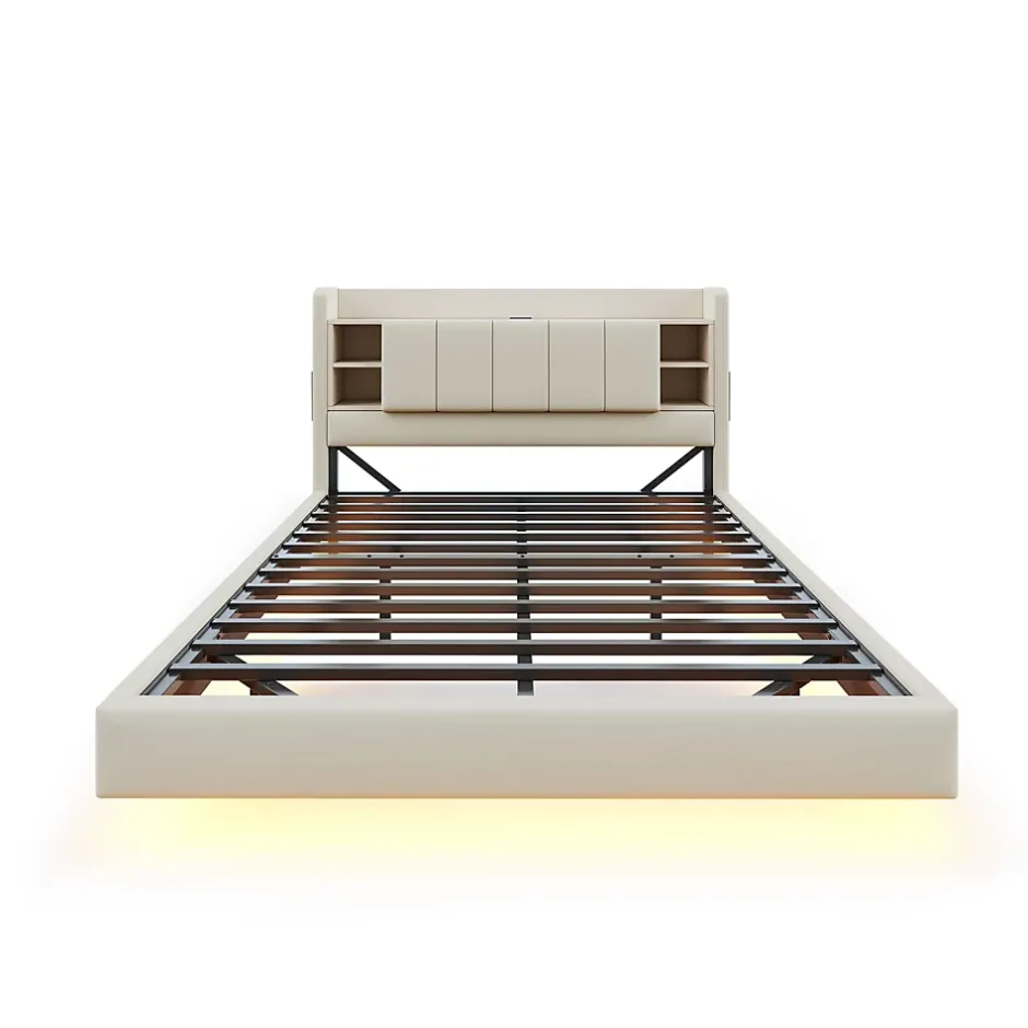 Okwish Lit Double 140x200 cm avec Ports USB, Éclairage LED et Rangement Intégré - Tête de Lit Réversible - Lin Beige Hot