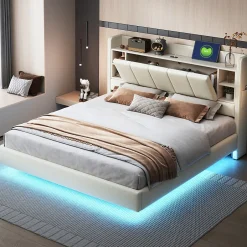Okwish Lit Double 160x200 cm avec Ports USB, Éclairage LED et Rangement Intégré - Tête de Lit Réversible - Lin Beige, Sans Matelas