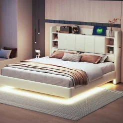 Okwish Lit Double 160x200 cm avec Ports USB, Éclairage LED et Rangement Intégré - Tête de Lit Réversible - Lin Beige, Sans Matelas